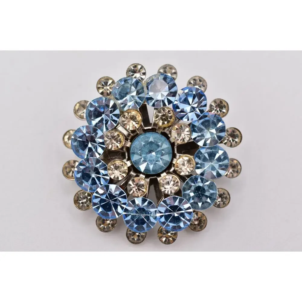 Vintage Sky Blue Rhinestone Starburst Brooch Crystal Silver Floral Pin 50s BinBI